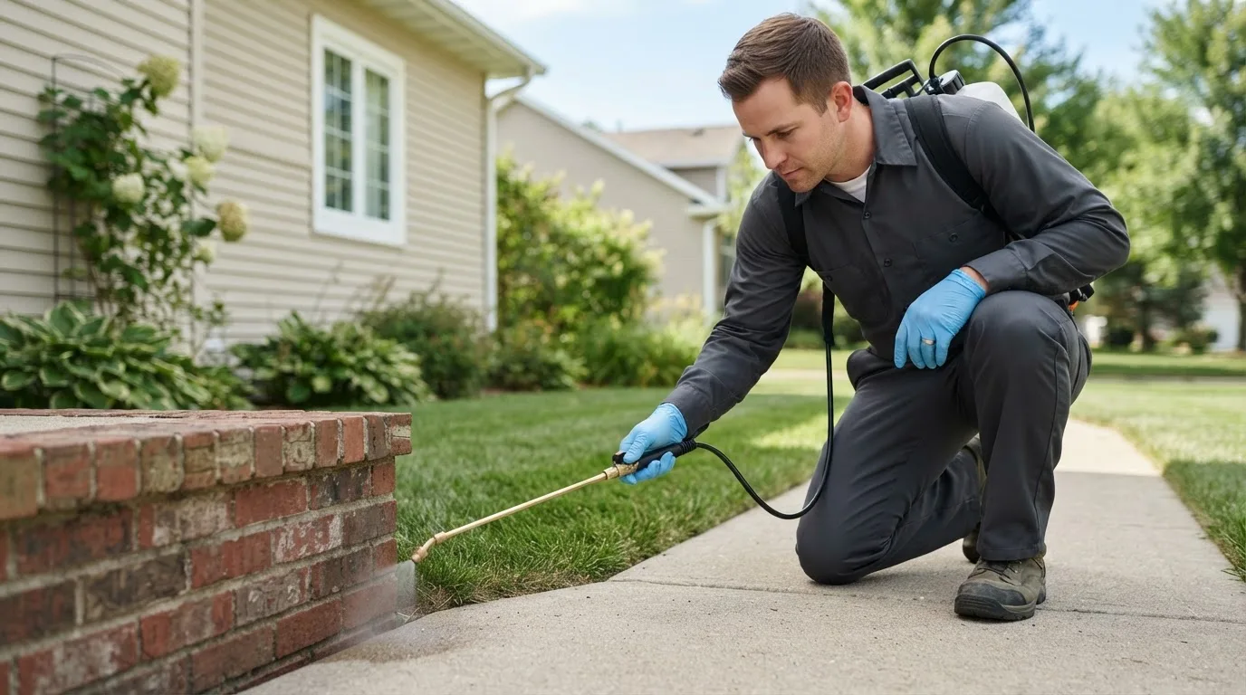 Pest control technician treating a home near Corwith, IA