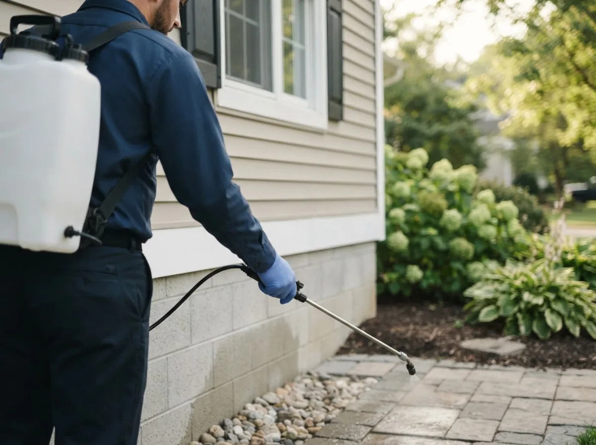 Pest control technician inspecting a home in Corwith, IA